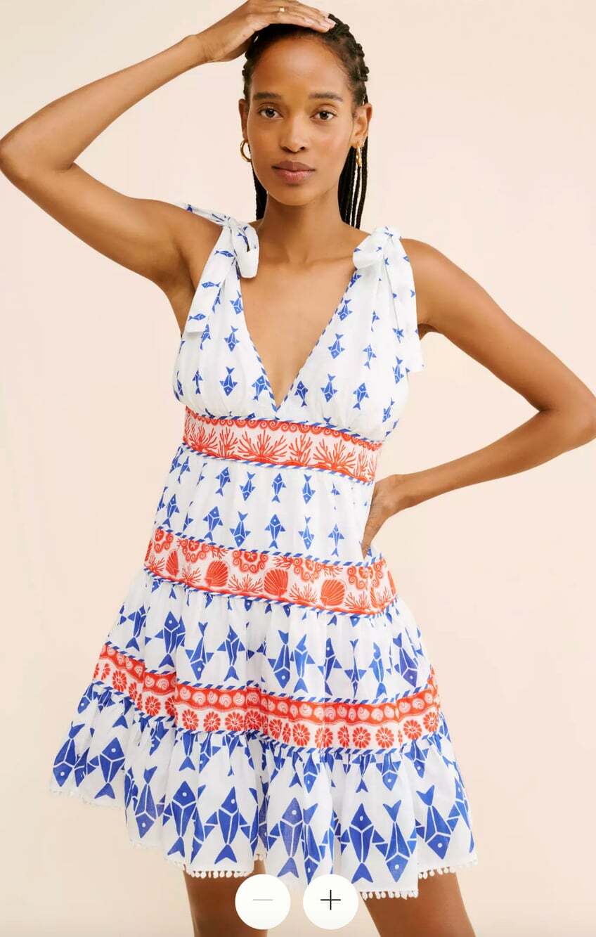 FARM Rio Fishes Tiered Mini Dress White Red Blue Size Small Bow Tie Straps
